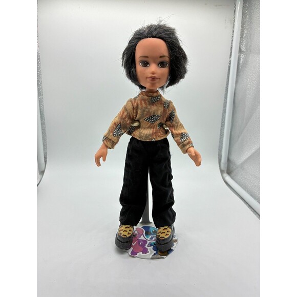 Bratz Boy Doll with Dark Hair Patterned Shirt Black Pants and Leopard Shoes